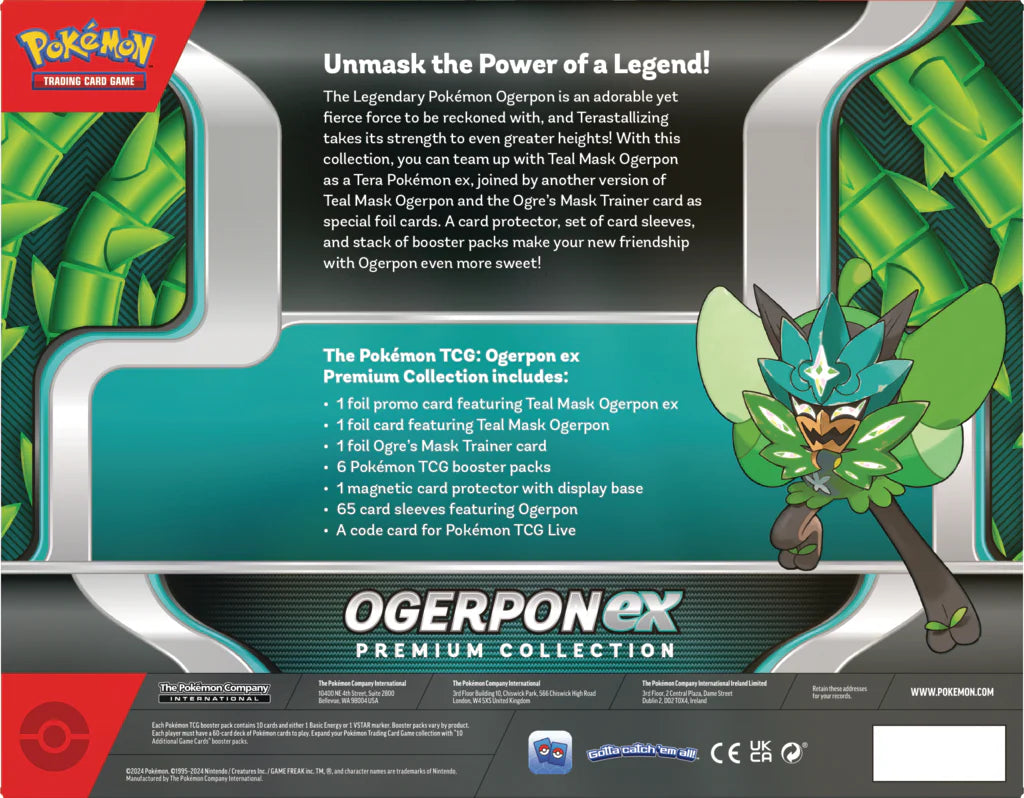 "Pokémon Ogerpon EX Premium Collection box featuring Ogerpon EX promo card, oversized card, three mask-themed tool cards, and six booster packs from the Scarlet & Violet series."