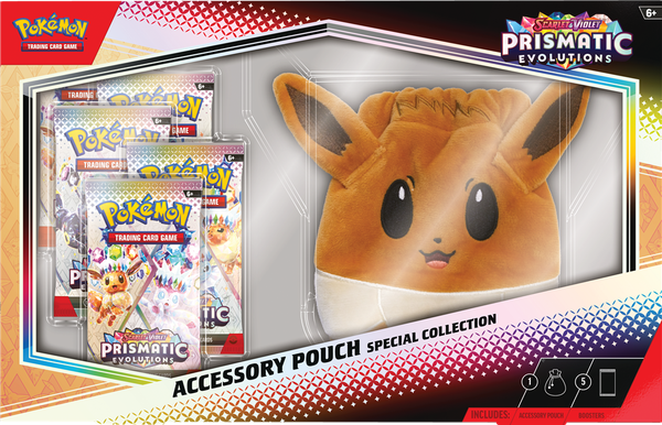 Pokémon TCG Scarlet & Violet – Prismatic Evolutions Accessory Pouch Special Collection featuring a colorful pouch, promo card, and premium sleeves.