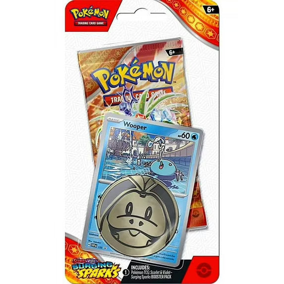 Ontdek het Pokémon Scarlet & Violet: Surging Sparks Wooper Checklane Blister Pack! Inclusief Wooper-promokaart, munt en booster vol nieuwe kaarten – perfect voor verzamelaars.