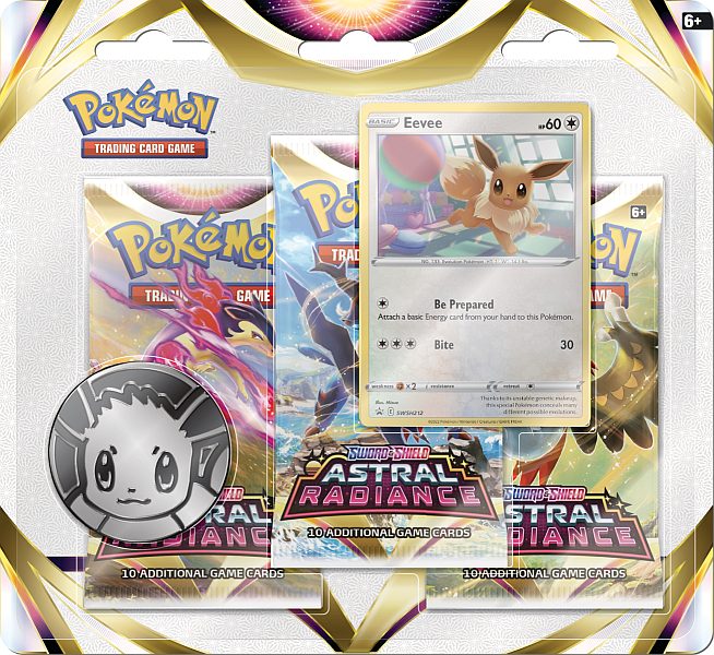 Pokémon TCG 3-pack blister featuring Sword & Shield – Astral Radiance booster packs, promo card, and collectible coin."