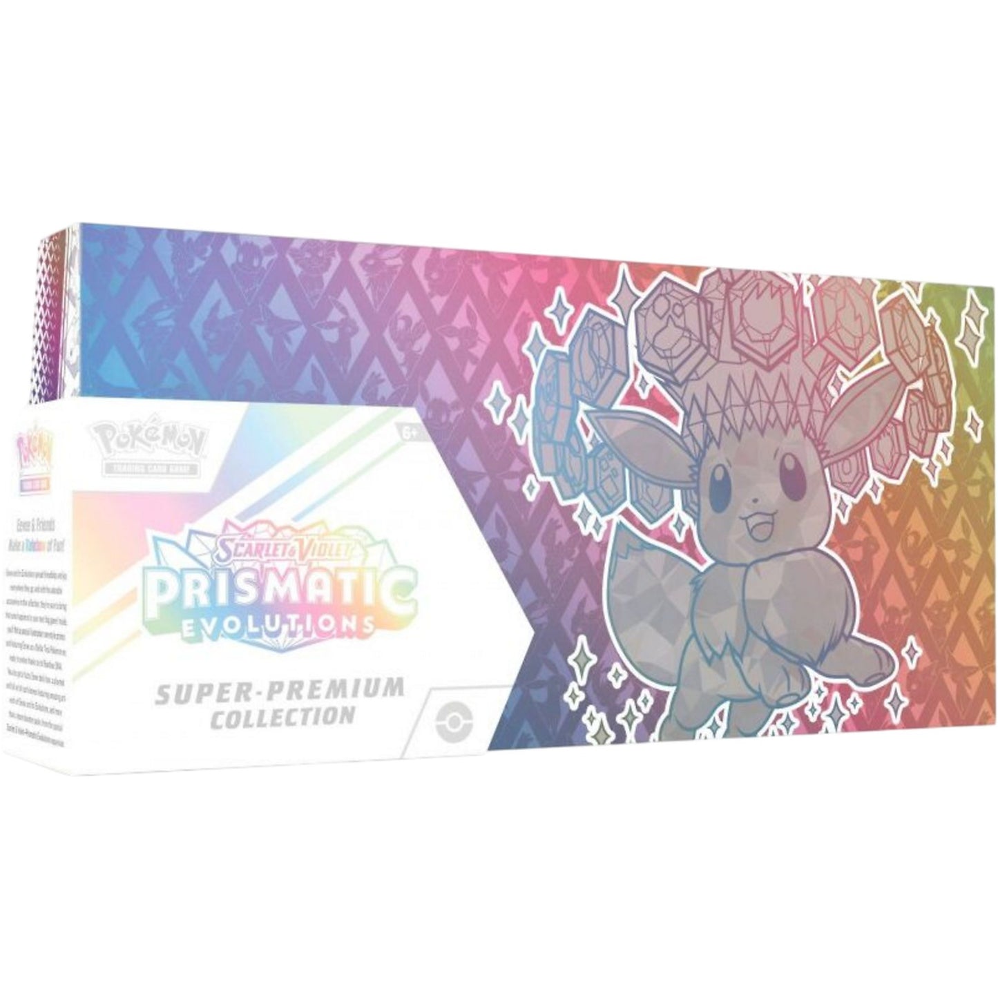 Pokémon TCG Prismatic Evolutions Super Premium Collection box with promo cards, booster packs, and collectible accessories