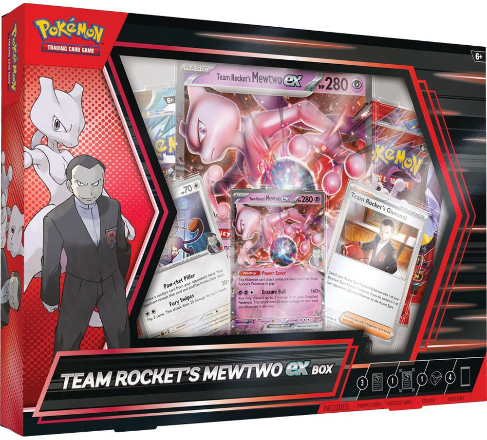 Pokémon ex Box met Team Rocket’s Mewtwo ex promokaart, oversized foilkaart en boosterpacks in verzamelverpakking.