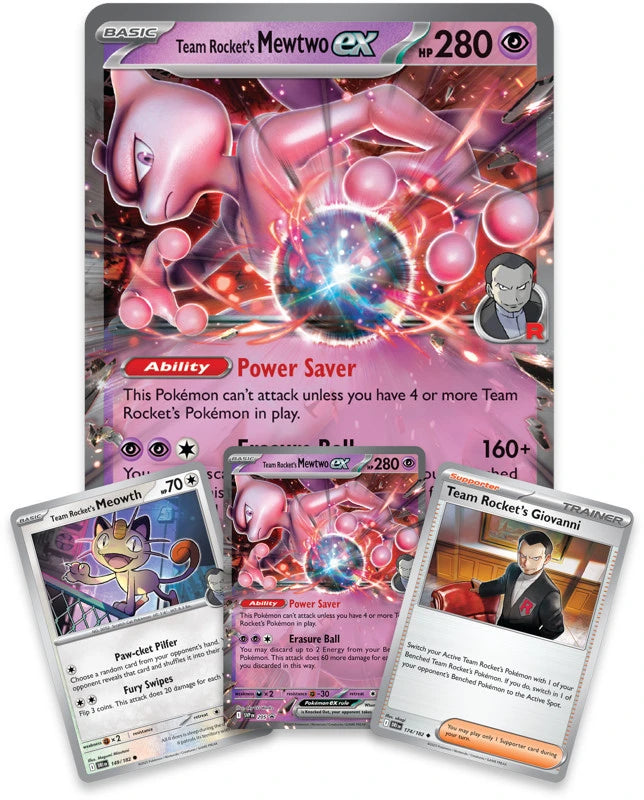 Pokémon ex Box met Team Rocket’s Mewtwo ex promokaart, oversized foilkaart en boosterpacks in verzamelverpakking