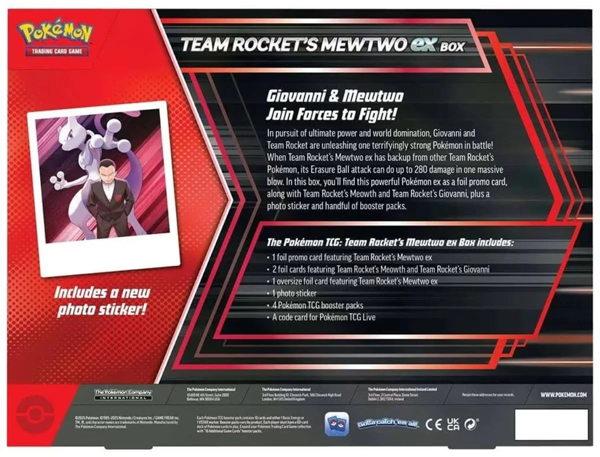 Pokémon ex Box met Team Rocket’s Mewtwo ex promokaart, oversized foilkaart en boosterpacks in verzamelverpakking.
