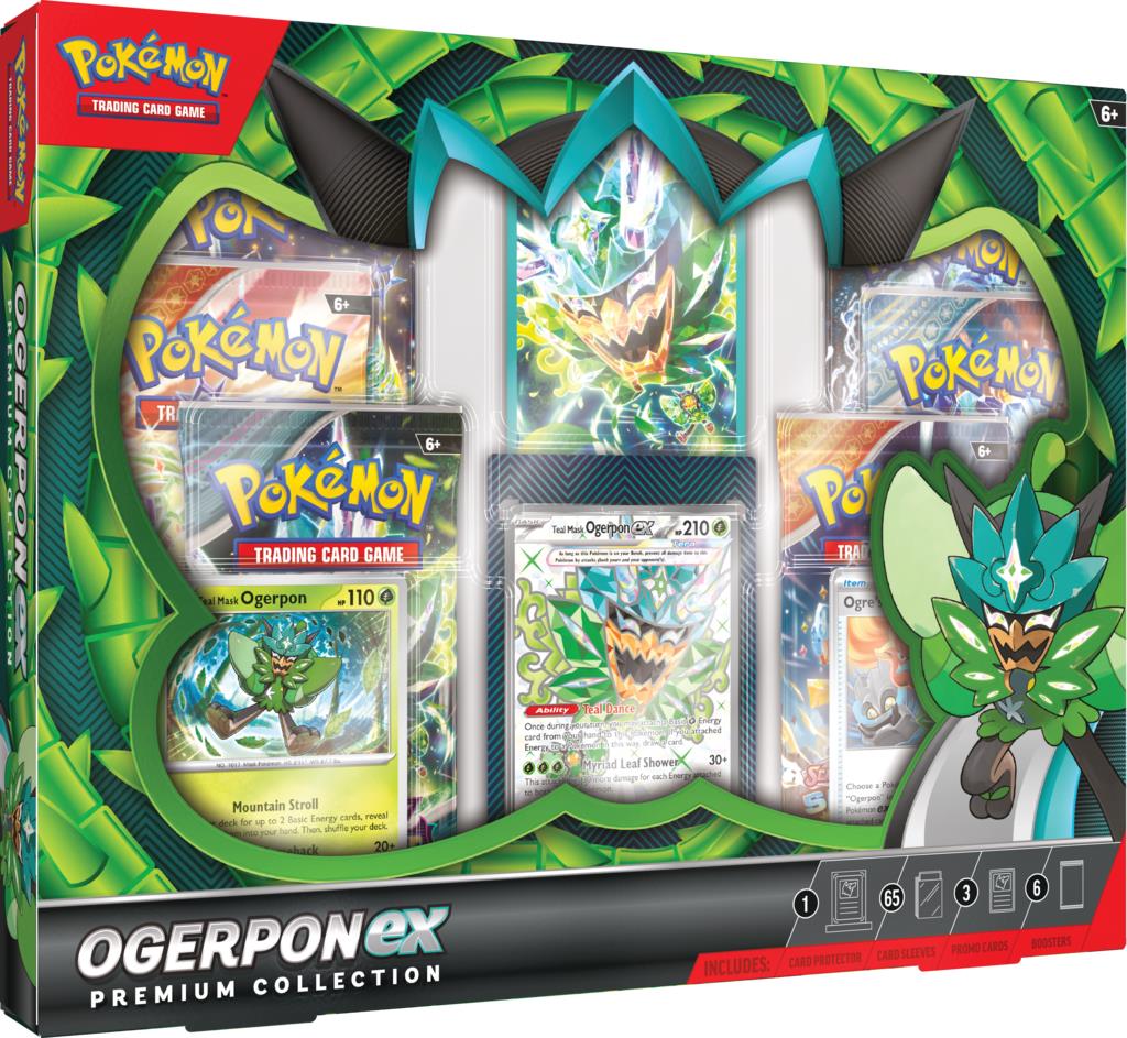 "Pokémon Ogerpon EX Premium Collection box featuring Ogerpon EX promo card, oversized card, three mask-themed tool cards, and six booster packs from the Scarlet & Violet series."