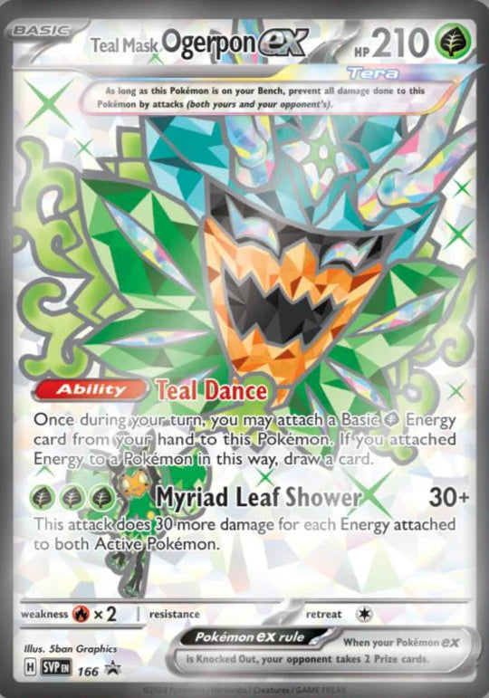 "Pokémon Ogerpon EX Premium Collection box featuring Ogerpon EX promo card, oversized card, three mask-themed tool cards, and six booster packs from the Scarlet & Violet series."