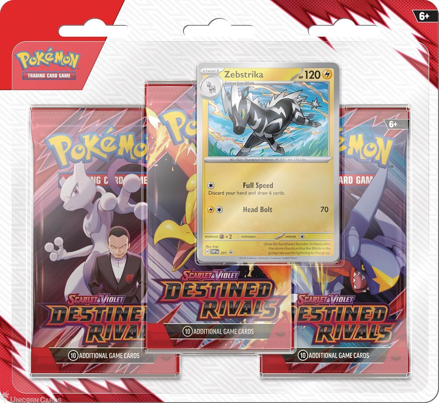 Pokémon TCG Scarlet & Violet – Destined Rivals 3-pack blister featuring Zebstrika promo card, three booster packs, and a collectible coin."