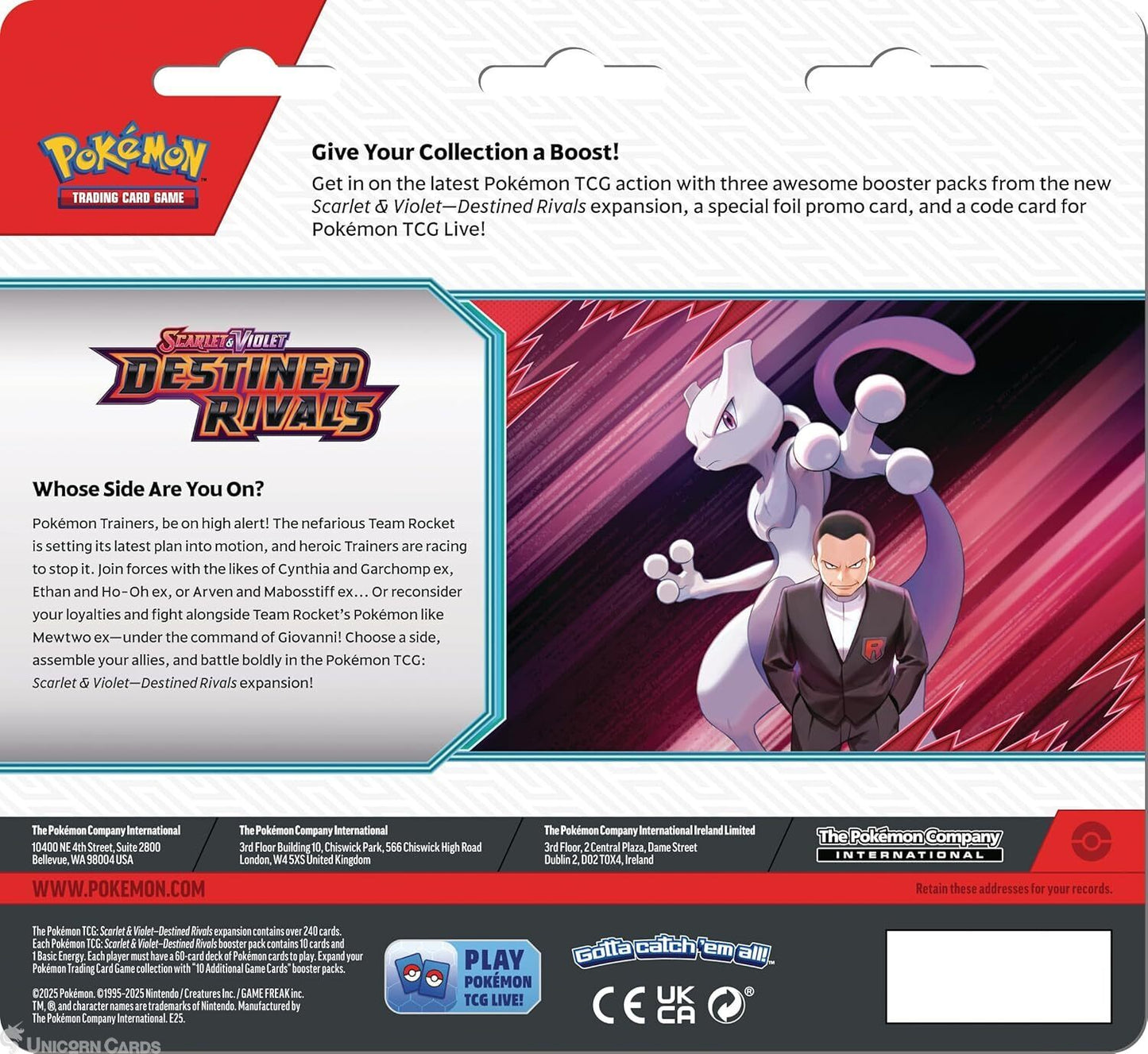 Pokémon TCG Scarlet & Violet – Destined Rivals 3-pack blister featuring Zebstrika promo card, three booster packs, and a collectible coin."