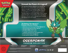 "Pokémon Ogerpon EX Premium Collection box featuring Ogerpon EX promo card, oversized card, three mask-themed tool cards, and six booster packs from the Scarlet & Violet series."