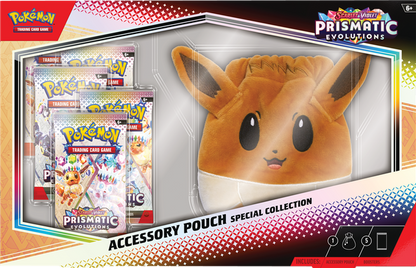 Pokémon TCG Scarlet & Violet – Prismatic Evolutions Accessory Pouch Special Collection featuring a colorful pouch, promo card, and premium sleeves.