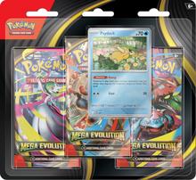 Ontdek het Pokémon TCG: Mega Evolution – 3-Pack Blister – Psyduck! Inclusief exclusieve Psyduck-promokaart, munt en drie boosters vol krachtige kaarten.