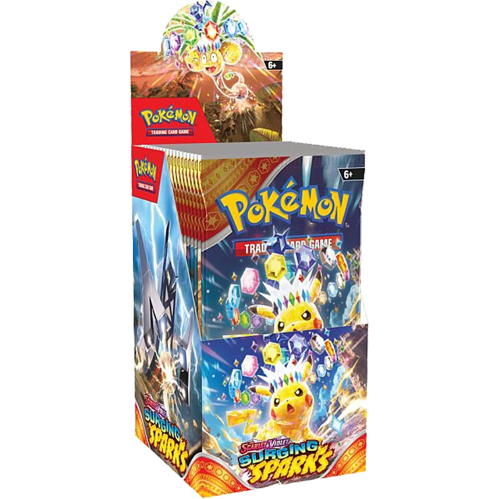 "Pokémon TCG: Surging Sparks Halve Booster Box containing 18 sealed booster packs in official English packaging."