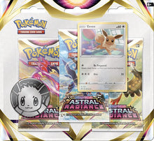 Pokémon TCG 3-pack blister featuring Sword & Shield – Astral Radiance booster packs, promo card, and collectible coin."