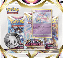 Pokémon TCG 3-pack blister featuring Sword & Shield – Astral Radiance booster packs, promo card, and collectible coin."