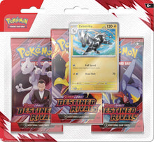 Pokémon TCG Scarlet & Violet – Destined Rivals 3-pack blister featuring Zebstrika promo card, three booster packs, and a collectible coin."