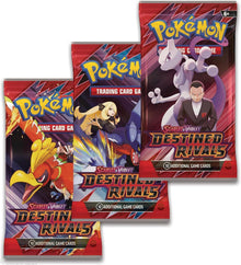 Pokémon TCG Scarlet & Violet – Destined Rivals 3-pack blister featuring Zebstrika promo card, three booster packs, and a collectible coin."